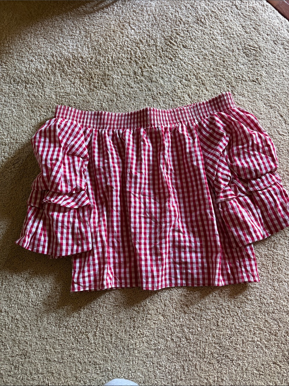 DO+BE Red & White Gingham Off-Shoulder Ruffle Top